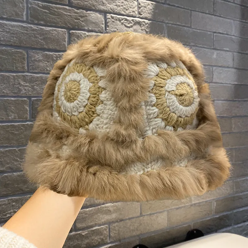 Warm Winter Knit Beanie Hats Korean Style Ins Hollow Flower Fisherman Women Autumn and Winter Fur Tiger Head Unisex