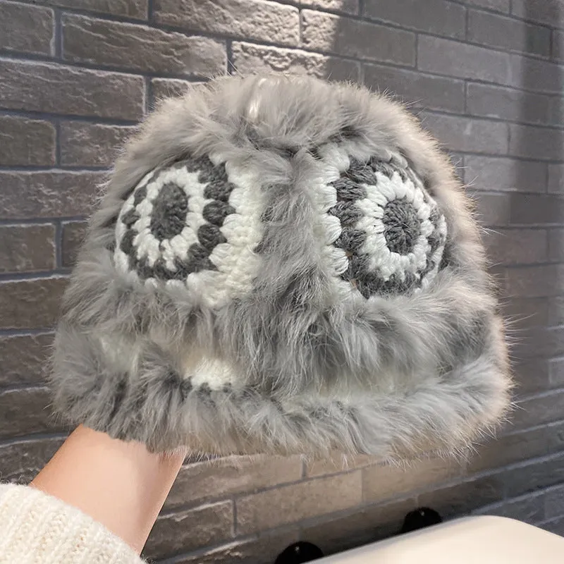 Warm Winter Knit Beanie Hats Korean Style Ins Hollow Flower Fisherman Women Autumn and Winter Fur Tiger Head Unisex