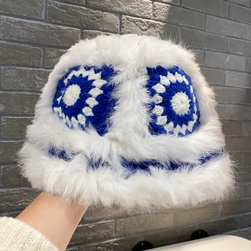 Warm Winter Knit Beanie Hats Korean Style Ins Hollow Flower Fisherman Women Autumn and Winter Fur Tiger Head Unisex