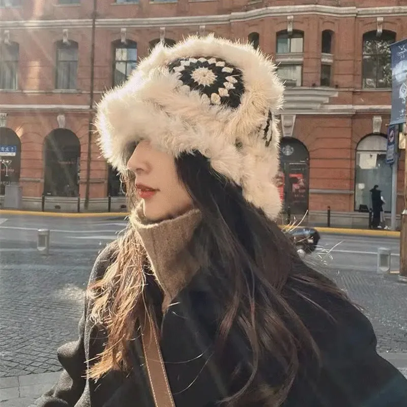 Warm Winter Knit Beanie Hats Korean Style Ins Hollow Flower Fisherman Women Autumn and Winter Fur Tiger Head Unisex