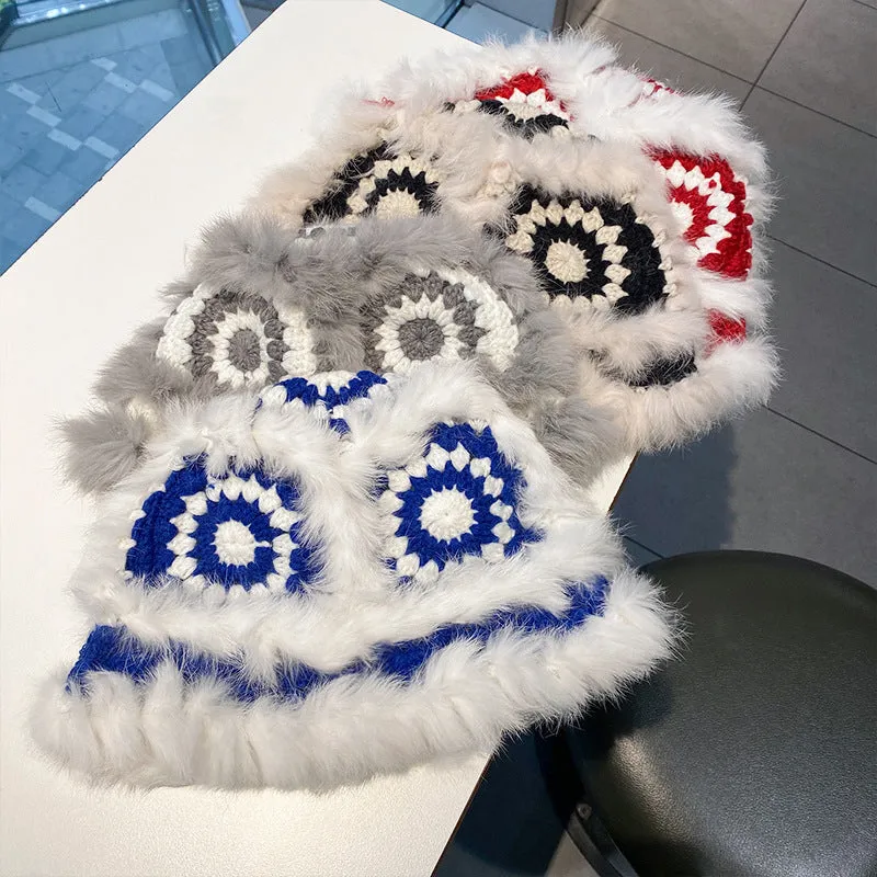 Warm Winter Knit Beanie Hats Korean Style Ins Hollow Flower Fisherman Women Autumn and Winter Fur Tiger Head Unisex