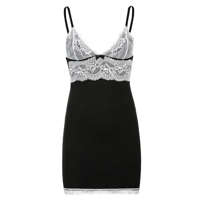 White Lace V-neck Charming Black Slip Dress