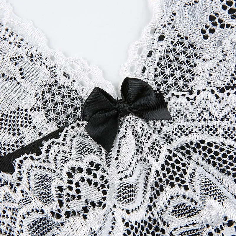 White Lace V-neck Charming Black Slip Dress