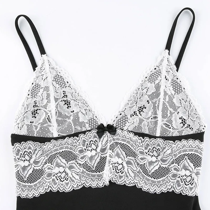 White Lace V-neck Charming Black Slip Dress