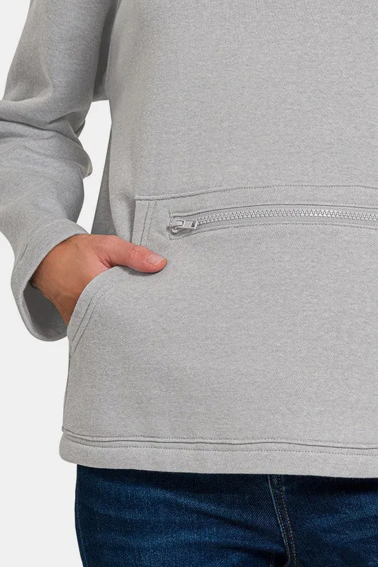 Zenana Turtleneck Half Snap Fleece Sweatshirt Gray