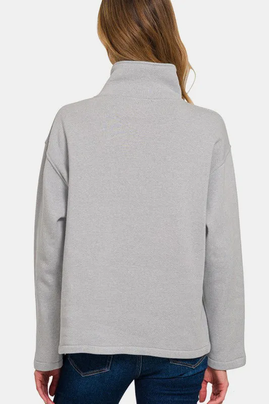 Zenana Turtleneck Half Snap Fleece Sweatshirt Gray